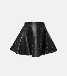 Eyelet embellished leather miniskirt in black - Alaia | Mytheresa Music Videos Ideas, Leather Skater Skirt, Leather Skater Skirts, Leather Miniskirt, Mini Skater Skirt, Leather Makeup Bag, Wool Shirt, Wool Blend Coat, Leather Mini Skirts