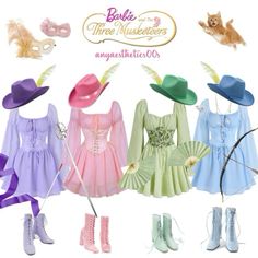 there are many different colored dresses and hats on this page with the caption's name