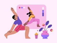 two women are doing yoga in front of a pink background with flowers and vases