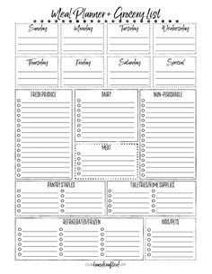 the meal planner and grocery list is shown in this printable recipe book, which has been