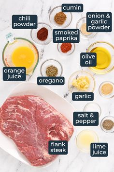 the ingredients for an easy steak recipe laid out on a white marble counter top with text overlay