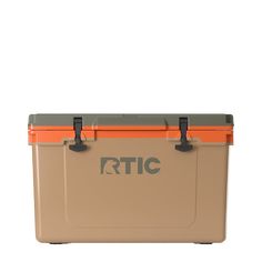 an orange and gray cooler with the rtic logo on it's side, sitting against a white background