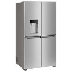 a stainless steel refrigerator freezer with water dispenser on the front and bottom