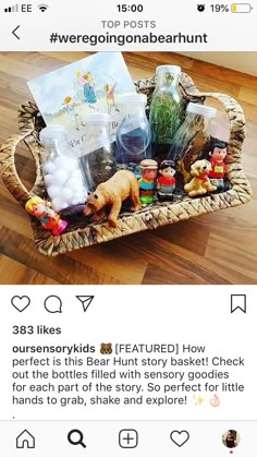 a basket filled with lots of stuff on top of a wooden floor