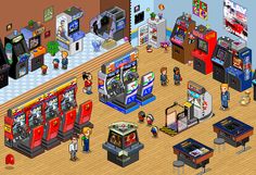 an image of a video game store with arcade machines and people standing in front of them