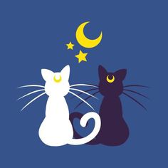 two cats sitting next to each other on a blue background with the moon and stars above them