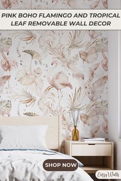 the pink flamingo and tropical leaf removable wall decal is on sale now