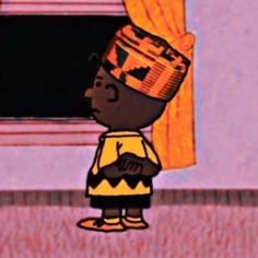 a cartoon character wearing a hat standing in front of a window with yellow drapes