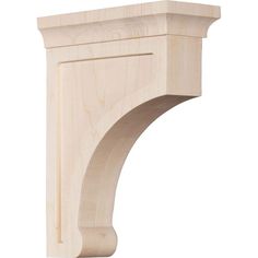 an unfinished wooden shelf bracket on a white background