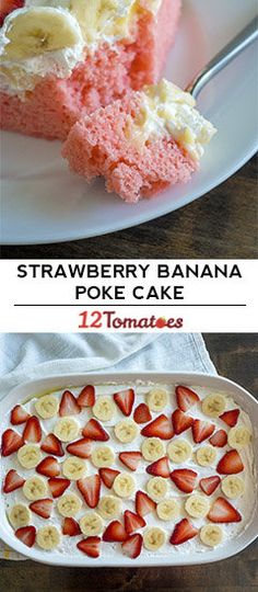 strawberry banana poke cake in a pan with strawberries and bananas on the top, then topped with cream cheese