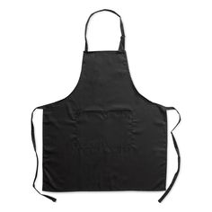 an apron that is black and has a pocket on the front, with straps at the bottom