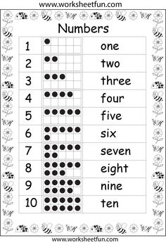 the worksheet for numbers and tenes is shown in black and white, with dots