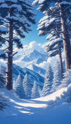 a painting of snow covered mountains and trees in the foreground is a snowy landscape