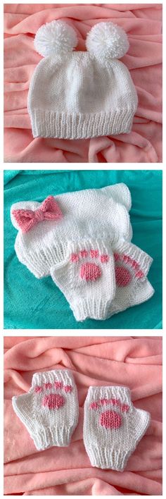 knitted baby mitts with pink bows on them and two pictures of the mitt