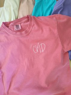 A super cute, simple and sweet shirt you just need to add to your wardrobe!  Customize this shirt with your initials.  Perfect to treat yourself, a gift for a friend, bridesmaid gifts and more!  Order this cute shirt in several colors for a great wardrobe staple! You choose your shirt color and thread color.  A soft Comfort Colors t-shirt is machine embroidered with the design in the listing photo.   Looking for a different message or color combination?  Send me a message! Follow @lehappyhive on Pink Monogram Cotton Top, Pink Monogrammed Cotton Top, Personalized Pink T-shirt For Summer, Pink Monogram Crew Neck Top, Pink Crew Neck Top With Monogram, Pink Monogrammed Crew Neck Top, Casual Personalized Pink T-shirt, Casual Personalized Pink Tops, Casual Personalized Pink Top