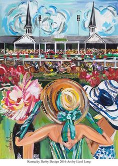 a painting of two women with hats and flowers in front of a race track at the kentucky derby