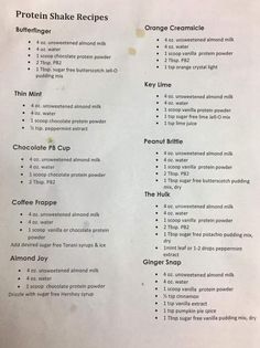 a menu listing the ingredients for protein shake