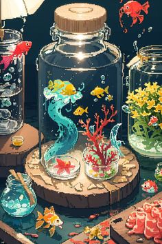 an image of some fish in the water and under glass jars with goldfish inside