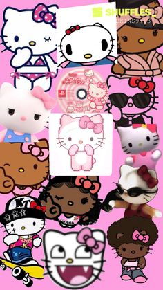 many hello kitty stickers are arranged on a pink background