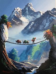 a painting of cows crossing a suspension bridge over a mountain stream with snow capped mountains in the background