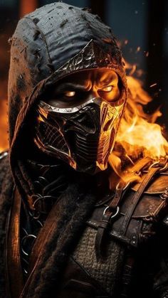 a man wearing a mask with flames in the background