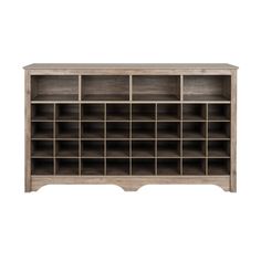 an open bookcase with many shelves on the top and bottom, in grey wood