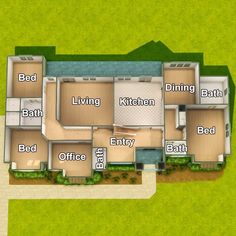 an aerial view of the floor plan for a house with three bedroom and two bathrooms