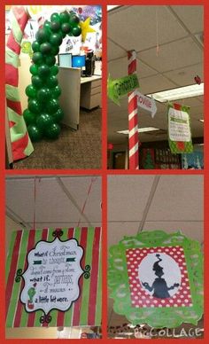 several pictures of christmas decorations and signs in an office cubicle with red, green and white stripes