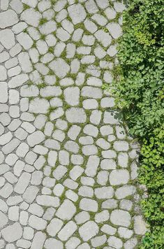 an aerial view of a cobblestone walkway with grass growing between it and the ground