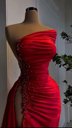 Red Pearl Strapless Prom Dress with Long Slit Fest Outfits, Strapless Prom Dress, Red Pearl, Stunning Prom Dresses