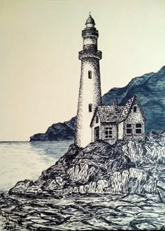 a drawing of a lighthouse in the water