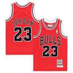 the chicago bulls'michael jordan jersey is shown in red and has black numbers on it