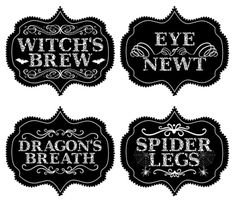 four black and white labels with the words witches brew, dragon's breath, spider legs