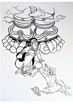 an ink drawing of a man riding a skateboard in front of a tree with lots of pots on it