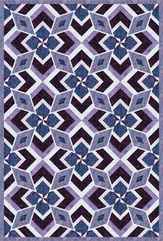 a purple and white quilt with an intricate design on the front, in shades of blue