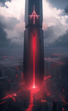 a tall building with a red light on it's side in the middle of a city