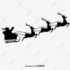 santa's sleigh with reindeers flying in the sky, silhouette on transparent background