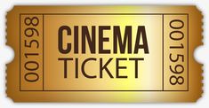 a golden ticket with the word cinema on it and numbers in black ink, against a white background