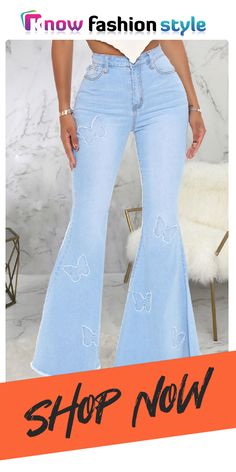 Baby Blue Casual Butterfly Print Split Joint Mid Waist Boot Cut Denim Jeans Chic Patchwork Bottoms For Spring, Cute Medium Wash Denim Jeans, Chic Spring Patchwork Bottoms, Summer Casual Denim Flare Jeans, Casual Summer Denim Flare Jeans, Spring Fitted Denim Blue Flare Jeans, Fitted Denim Blue Flare Jeans For Spring, Casual Summer Denim Blue Flare Jeans, Casual Denim Blue Flare Jeans For Summer