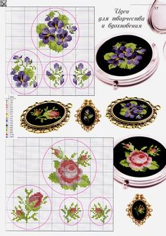 cross stitch patterns with flowers on them are shown in different sizes and colors, including black