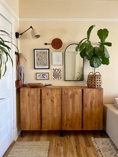 a living room with a plant and pictures on the wall next to a wooden cabinet