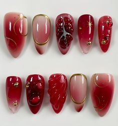 Materials: gel nail, long stiletto tips Greetings and welcome to my store. Hope you find a style you like. ✋🙆I only work with high-quality materials to create sturdy & long-lasting luxury press on nails that you can trust on. My nails will last for:1- 2 days using adhesive tab (provided with the nail set) 2- 3 weeks using nail glue. You can reuse all of the nails multiple times if you take care of them. Follow the instructions provided with the nail set. 💮Please follow the instruction size mea Pomegranate Nails Design, Persephone Nail Art, Persephone Nails, Pomegranate Nails, Nails Strawberry, Nail Art Cute, Nail Aesthetic, Nails Gel Nails, Red Nail Art