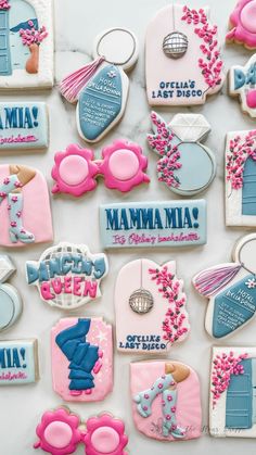 Mamma Mia Decorated sugar cookies Momma Mia Theme Cookies, Dance Party Cookies Decorated, Mama Mia Bachelorette Party Cookies, Fun Sugar Cookies Decorated, Mamma Mia Brunch, Disco Cookies Decorated