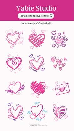 various hearts drawn on paper with the words yabie studio written in pink and blue