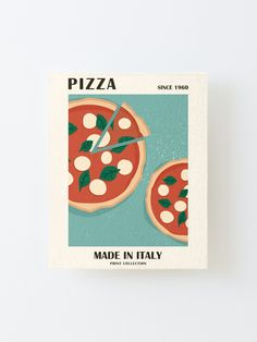 a piece of pizza is shown with the words made in italy on it and two slices missing