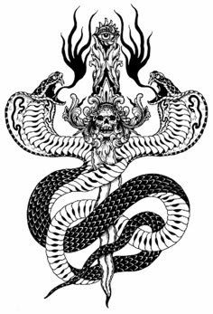 a black and white drawing of a snake with a demon on it's head