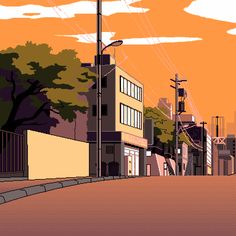 an image of a city street scene with buildings and power lines in the background at sunset