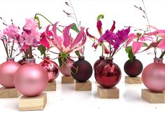 five vases with flowers in them on wooden bases