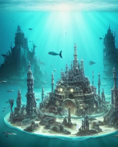 an underwater castle is shown in the ocean