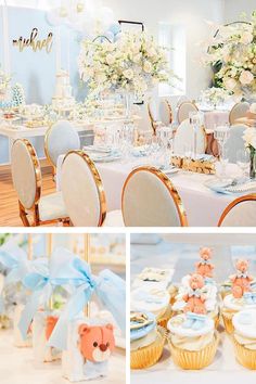 the table is set with cupcakes and decorated with flowers in pastel colors